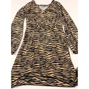 Zebra Print Wrap Front Midi Dress Long Sleeve Tan Black Animal Print Sz 0 Small